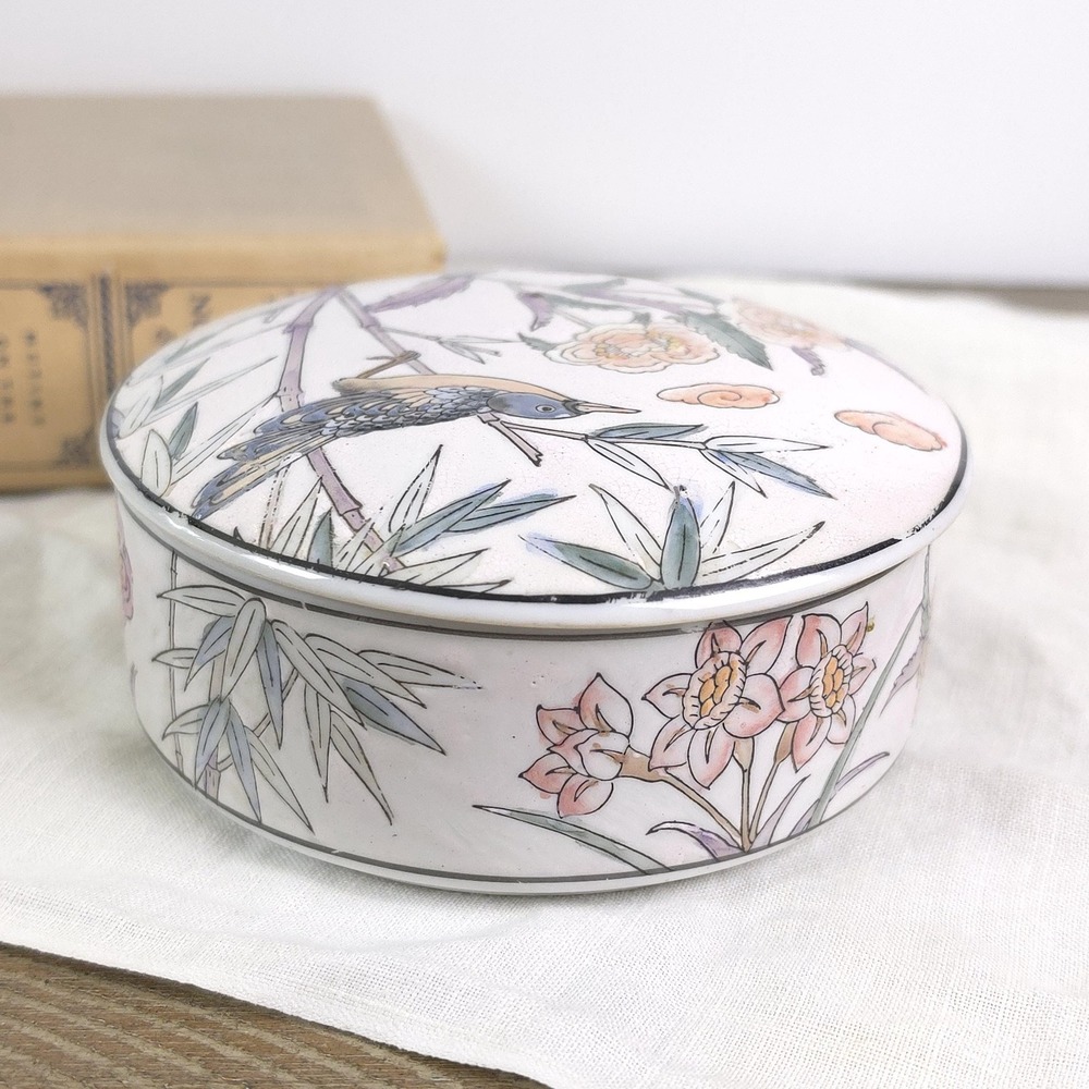 Vintage Floral Trinket Dish, Porcelain Hand Painted Jewelry Box